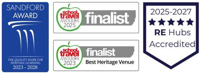 Logos for the Sandford Awards 2023-2028, School Travel Awards Finalist 2023 and 2025, and RE Hubs Accredited 2025-2027