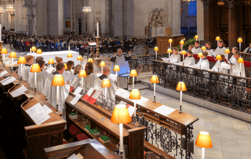 A photo of the choir of St Paul's Cathedral singing in the quire