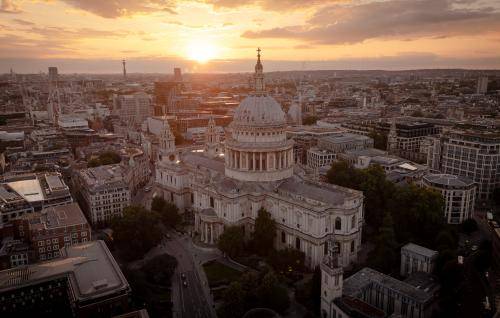St Paul's viewed from above at sunset.